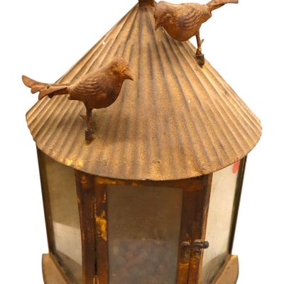 Sale Photo Thumbnail #299: Folk art metal bird feeder 16"h x 10.25"w x 4.5"d
