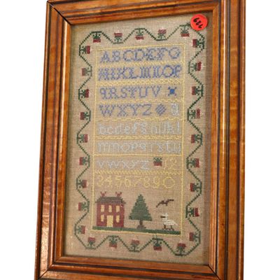 Sale Photo Thumbnail #133: Vintage Sullins House Sampler Tiger Maple Frame