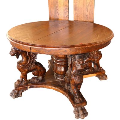 Sale Photo Thumbnail #253: Antique style oak wing griffin 48" dining table w/2 leaves