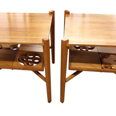 Sale Photo Thumbnail #38: Pair MCM walnut 2-tier square lamp tables