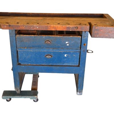 Sale Photo Thumbnail #242: Antique Double Vise Woodworking Workbench Blue Base