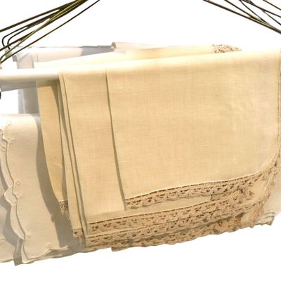 Sale Photo Thumbnail #204: Vintage large linen selection of laced placemats and other