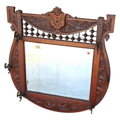 Sale Photo Thumbnail #254: Antique oak beveled glass hall mirror w/hooks orig finish