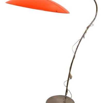 Sale Photo Thumbnail #41: MCM Chrome Arc Floor Lamp Orange Saucer UFO Shade