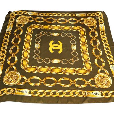 Sale Photo Thumbnail #77: Vintage Chanel Silk Scarf Olive Green Gold Chain CC