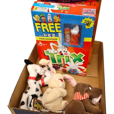 Sale Photo Thumbnail #117: 5 piece set: 3 Meanies, Trix Box of Cereal with Pez Container and a Full Unopened Wheaties Box.