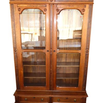 Sale Photo Thumbnail #235: Antique 2-pc Victorian walnut 2 door bookcase w/key