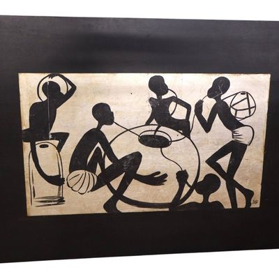 Sale Photo Thumbnail #123: African Tribal Folk Art Signed Wood Panel Painting
