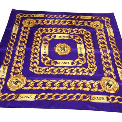 Sale Photo Thumbnail #78: Vintage Chanel Silk Scarf Purple Blue Gold Chain