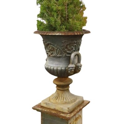 Sale Photo Thumbnail #56: Vintage 3-Part Cast Iron Garden Urn On Pedestal