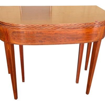 Sale Photo Thumbnail #246: Vintage Federal style burl mahogany inlaid flip top game table
