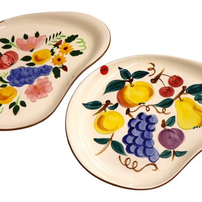 Sale Photo Thumbnail #285: 2 vintage Stangle kidney shape plates fruit and flower pattern 1 with chip
