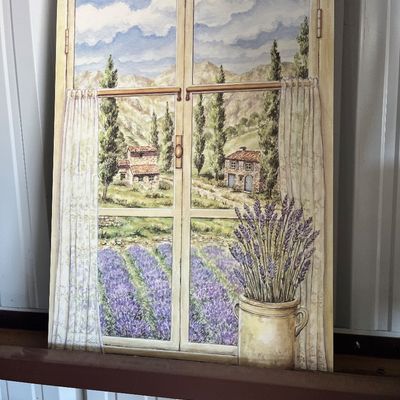 Sale Photo Thumbnail #50: Trompe l'oeil wall art painting depicting a open window view of a Tuscan or Provencal lavender field with stone houses and cypress trees.