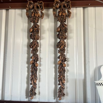 Sale Photo Thumbnail #40: Pair of vintage carved wood-look resin wall swags featuring detailed fruit, floral, and ribbon bow motifs.