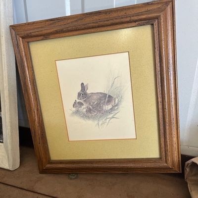 Sale Photo Thumbnail #56: Framed illustration depicting a mother rabbit with her kit, set in a rustic dark wood frame with a wide beige mat.