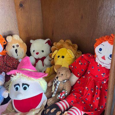 Sale Photo Thumbnail #47: Collection of vintage plush toys and cloth dolls, including a Raggedy Ann doll, stuffed animals, and a witch hand puppet displayed on a wooden shelf.