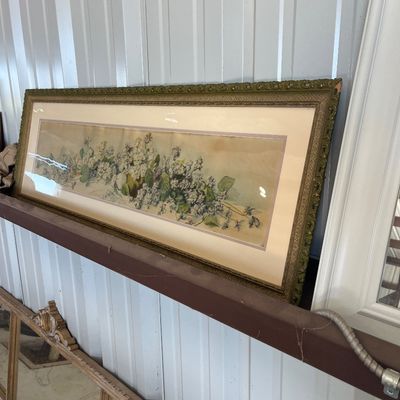 Sale Photo Thumbnail #59: Large vintage framed floral print featuring purple and white flowers in a decorative ornate gilt frame.