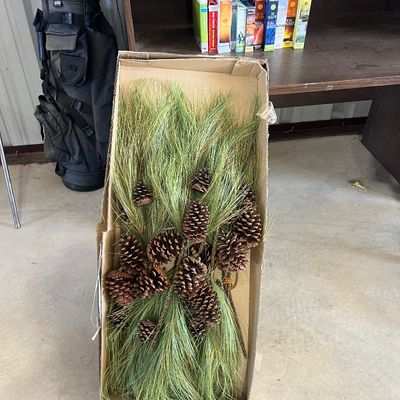 Sale Photo Thumbnail #43: Box of faux pine needle garlands accented with natural pine cones, shown alongside golf bags and a wooden bookcase.