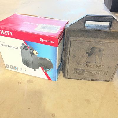 Sale Photo Thumbnail #31: Boxed Utilitech cast iron transfer pump alongside a vintage Sears Craftsman airless sprayer hard carrying case.