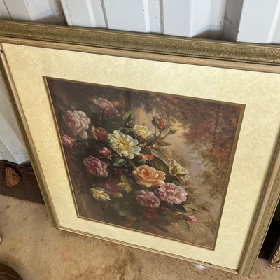 Sale Photo Thumbnail #53: Large framed floral print depicting a bouquet of colorful roses in a traditional style, set within an ornate gilded frame with a textured mat.