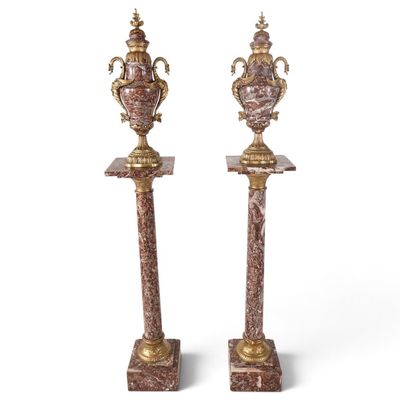 Sale Photo Thumbnail #54: Pair Marble Urns on Matching Pedestals