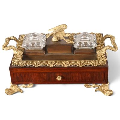 Sale Photo Thumbnail #20: Rosewood and Gilt-Metal Eagle Inkstand