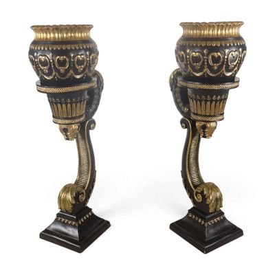 Sale Photo Thumbnail #132: Pair Composite Planter Urns on Scroll Stands