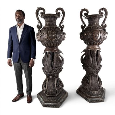 Sale Photo Thumbnail #69: Pair Monumental Bronze Urns on Swan Bases