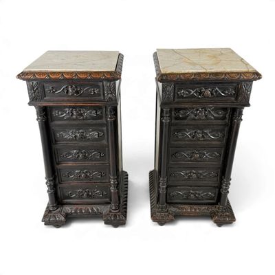 Sale Photo Thumbnail #127: Pair Ebonized Walnut Marble-Top Cabinets