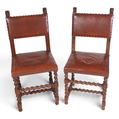 Sale Photo Thumbnail #90: Pair Barley Twist Leather Chairs