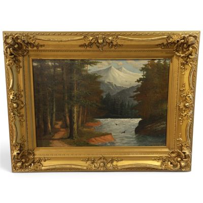 Sale Photo Thumbnail #57: Signed Mountain and River Landscape