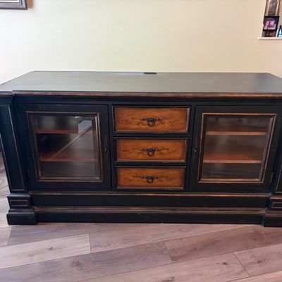 Sale Photo Thumbnail #8: Distressed Black Media Console with Wood Inlay Drawers