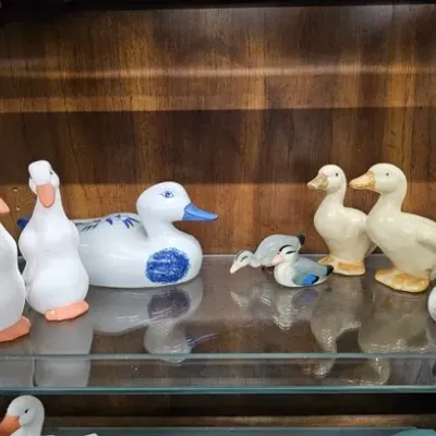 Collection of ceramic and porcelain duck figurines displayed on a glass shelf inside a wooden cabinet.