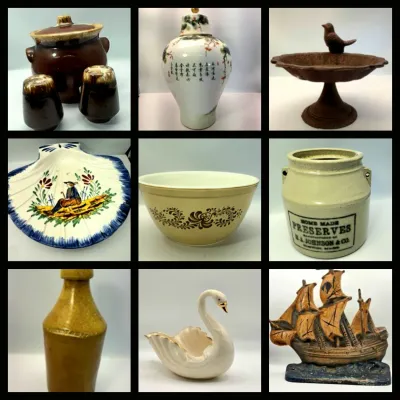 Photo grid displaying various home decor items, including stoneware pottery, a Chinese ginger jar, a cast iron bird feeder, and a vintage...