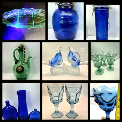 Photo collage featuring an assortment of vintage glassware including cobalt blue jars and bottles, green depression glass, clear art...