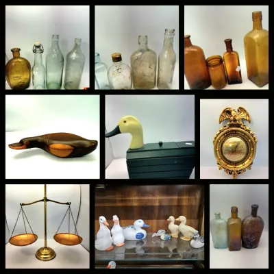 Collage of vintage items, including antique glass bottles, duck figurines and trinket boxes, a brass balance scale, and an ornate gilded...