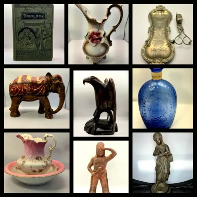 A photo collage displaying various antique collectibles, including an 1800s book, ceramic pitchers, brass trays, figurines, and a cobalt...