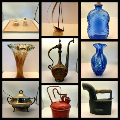 Photo grid showcasing a variety of vintage decorative objects, art glass vases, brass decor, a silver-plated tureen, an antique iron, and...