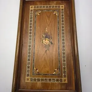 Vintage Sorrento-style marquetry wooden serving tray featuring detailed floral inlays, intricate geometric borders, and integrated handles.