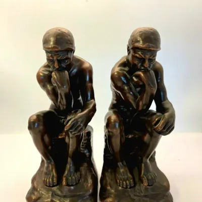 Pair of vintage bronze-finished cast metal 'The Thinker' bookends after Auguste Rodin.