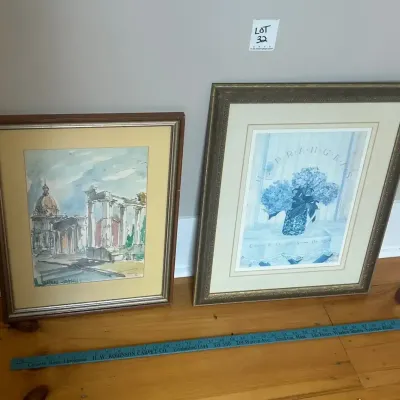 2 framed prints (Savelli watercolor & hydrangea print) 