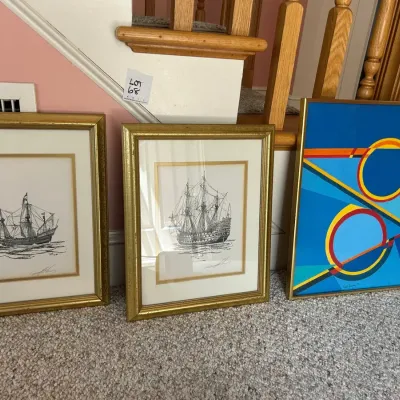 Group of Three Framed Artworks Including Signed Maritime Prints and Abstract Painting