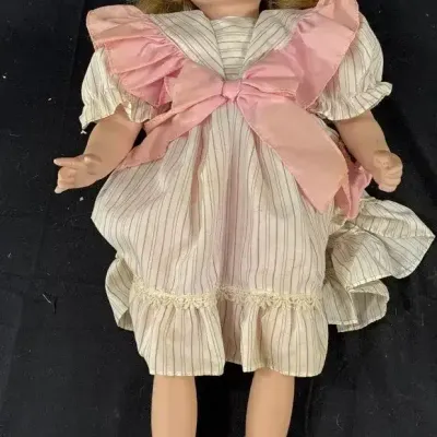 Vintage Porcelain Doll With Blonde Hair & Pink Now Dress
