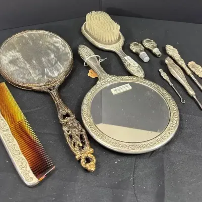 Assorted Lot Of Vintage Silver Plated Women’s Vanity Set With Mirrors, Comb 