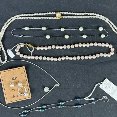 Lot Of Assorted Pearl Necklace, Earring And Ring Jewelry Lot