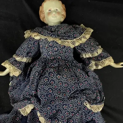 Vintage China Head Doll With Floral Dress & Lace Trim