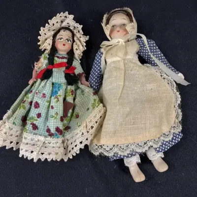 Pair Of Vintage Composition Dolls In Period Dresses