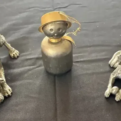 Decorative Figurine Lot - 2 Metal Dogs & Character Ornament