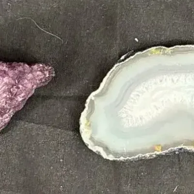 Lot Of 2 Amethyst And Blue Banded Agate Crystal Rock Set