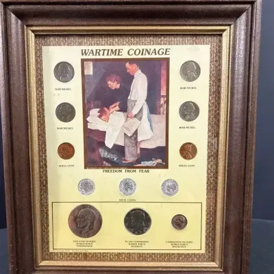 Vintage Framed Wartime Coinage Coin Collection War Nickel, Shell Cent/Penny, Steel Cents & More